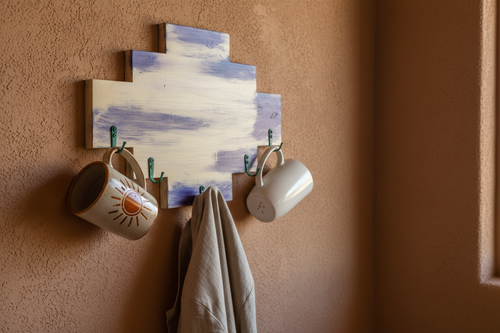 Southwestern style mug rack / coat hanger in a warm desert-inspired setting